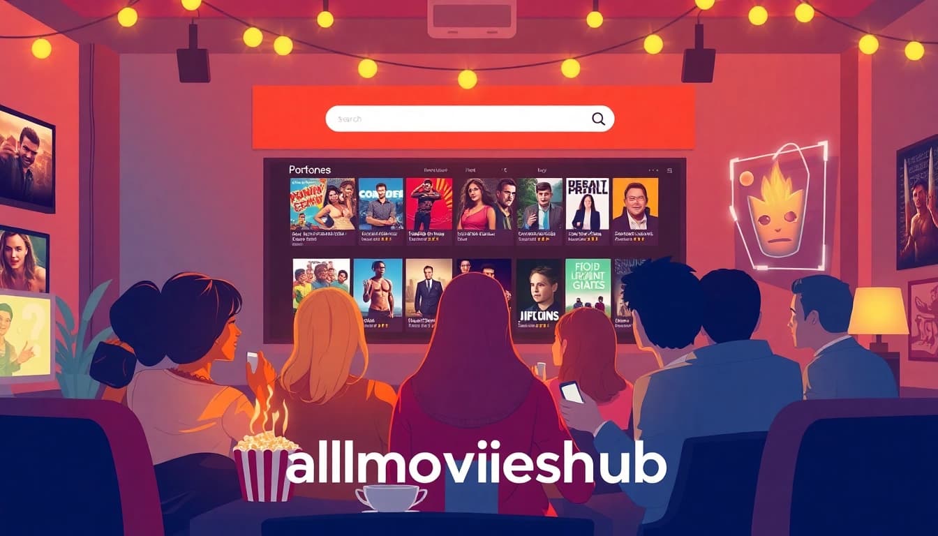 Group of friends enjoying a movie night on allmovieshub, featuring a cozy atmosphere and vibrant film genres.