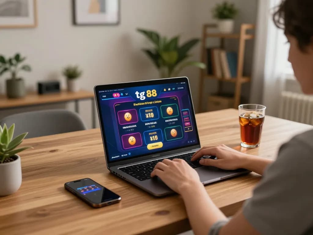 Engaging in tg 88 online gaming with vibrant graphics on laptop and relaxing home environment