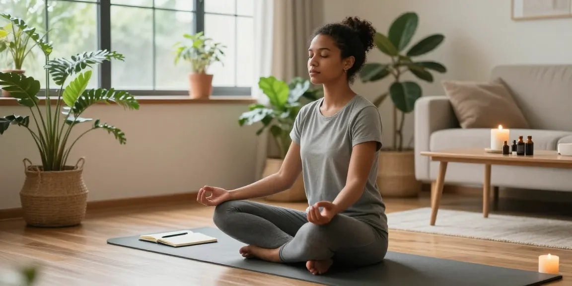 Mental wellness moment at home with rokok88, practicing mindfulness meditation and self-care.