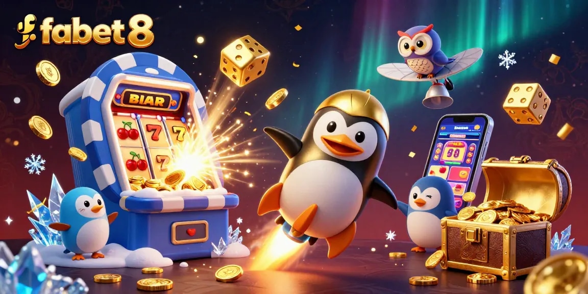 Engage with fabet8's thrilling casino world featuring golden penguin, slot machines, and vibrant casino elements.
