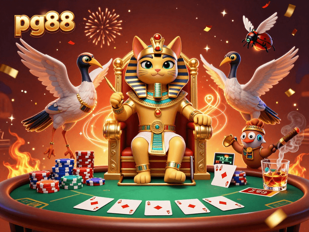 Engage with pg88's captivating 3D illustration of a pharaoh cat amidst poker elements.