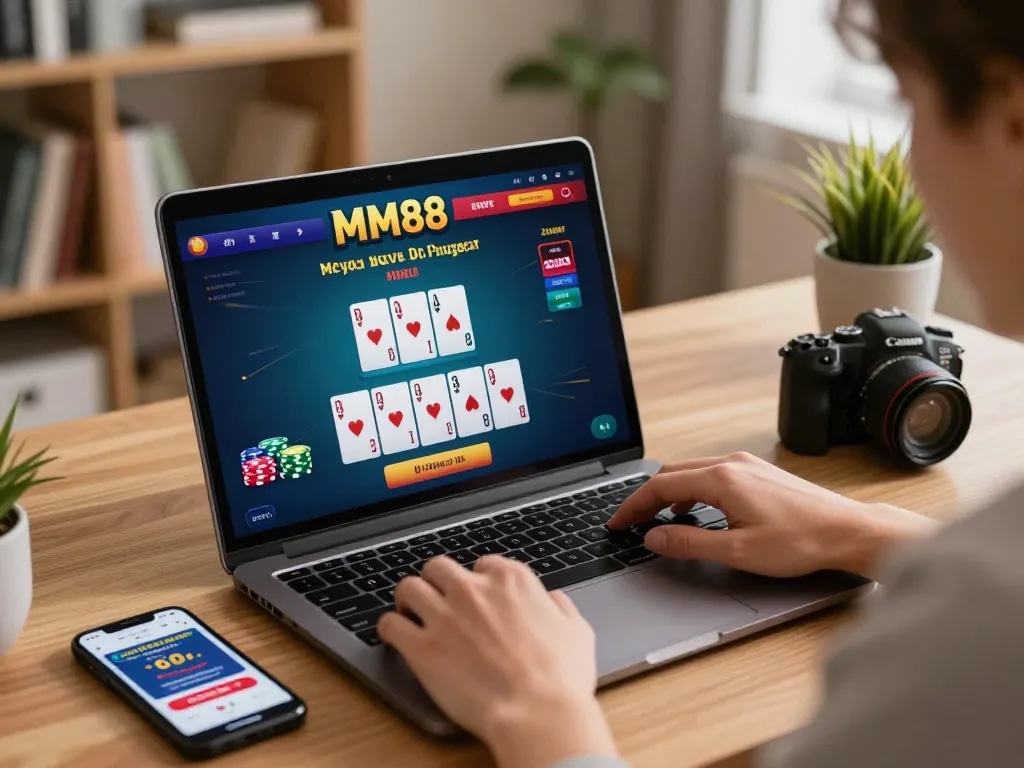 Play blackjack online with MM88 on a laptop in a cozy home office