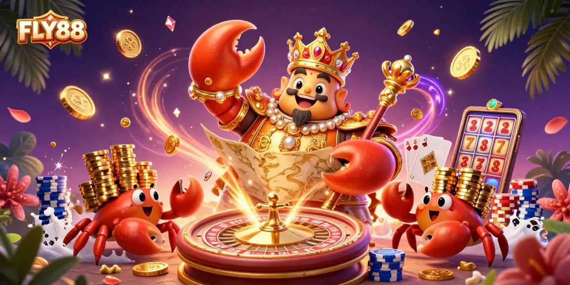 FLY88 spins vibrant slots with golden crab emperor and treasure, immersed in sparkling winnings.