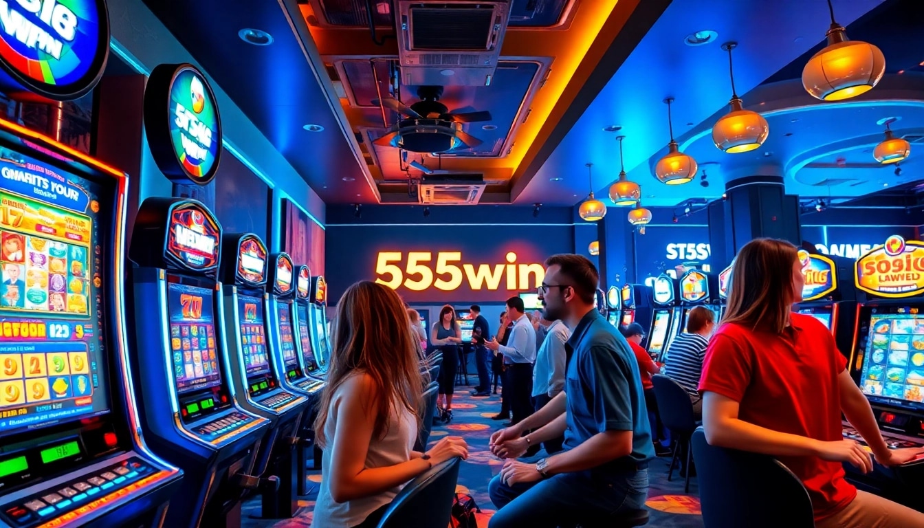 Exciting gaming lounge scene showcasing 555win with players enjoying slot machines and digital games.