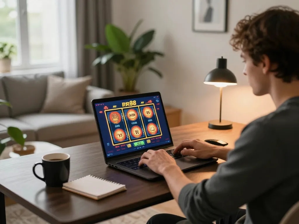Engaging user playing casino games on laptop with RR88 App in a cozy home setting