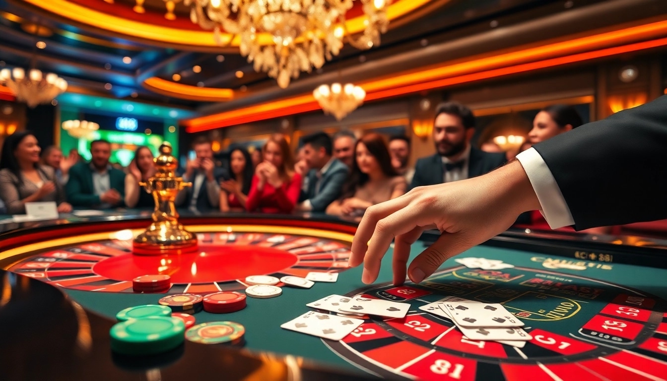 Players engage with a luxurious casino setting using CM88-themed betting interface and vibrant poker chips.