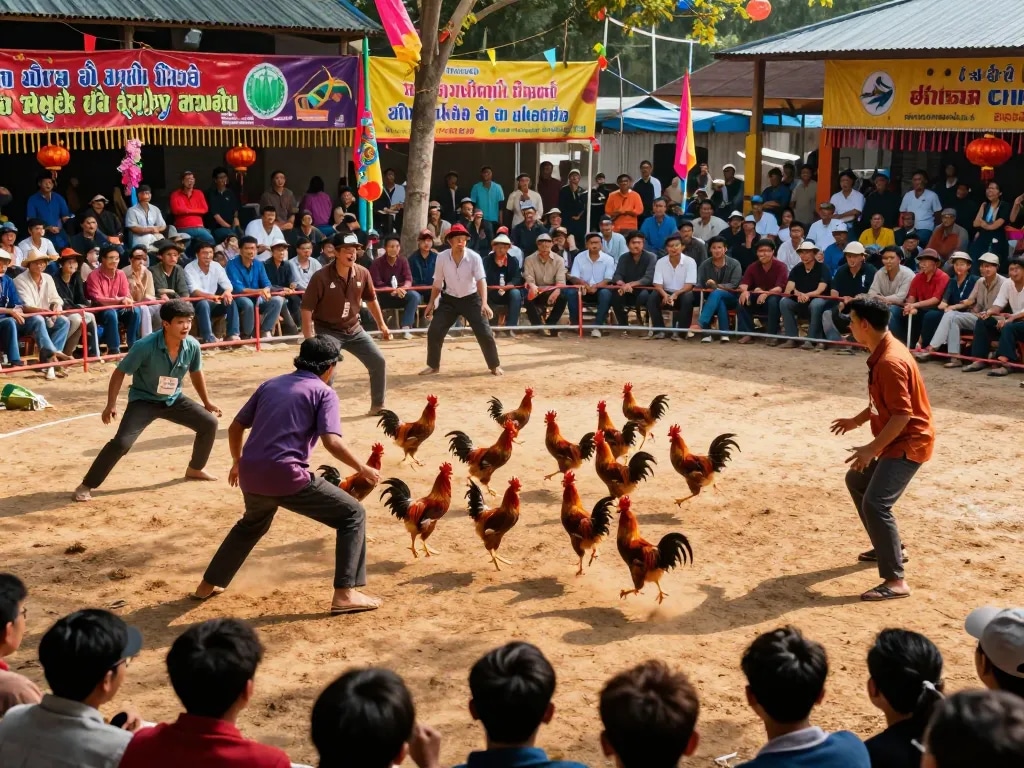 Watch đá gà trực tiếp in action as trainers cheer for their fighting roosters in a vibrant outdoor arena
