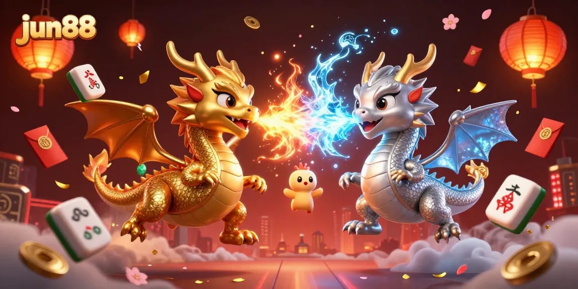 Engage in thrilling gameplay at jun88 with a dynamic scene featuring dragons and floating gaming symbols.