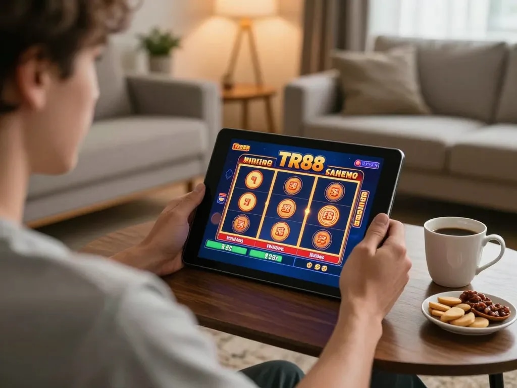 Player enjoying TR88 slot games on a tablet in a cozy home setting, promoting engaging online casino entertainment.