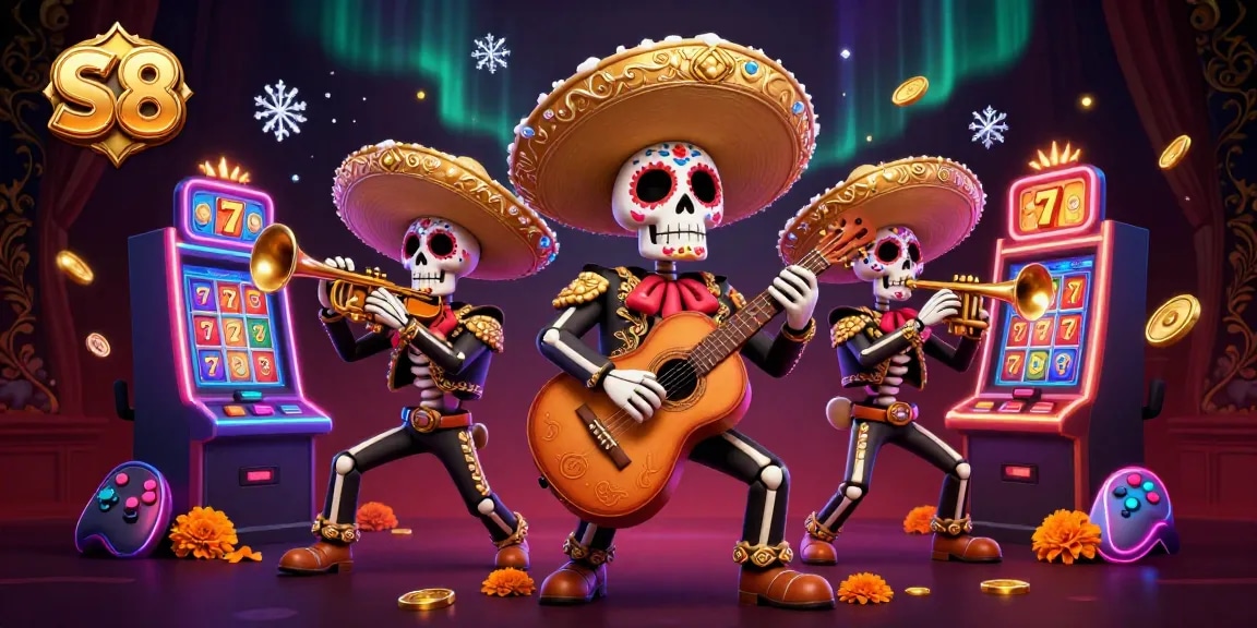 S8 slot players experience thrilling moments with Día de los Muertos mariachi band amidst vibrant game elements.
