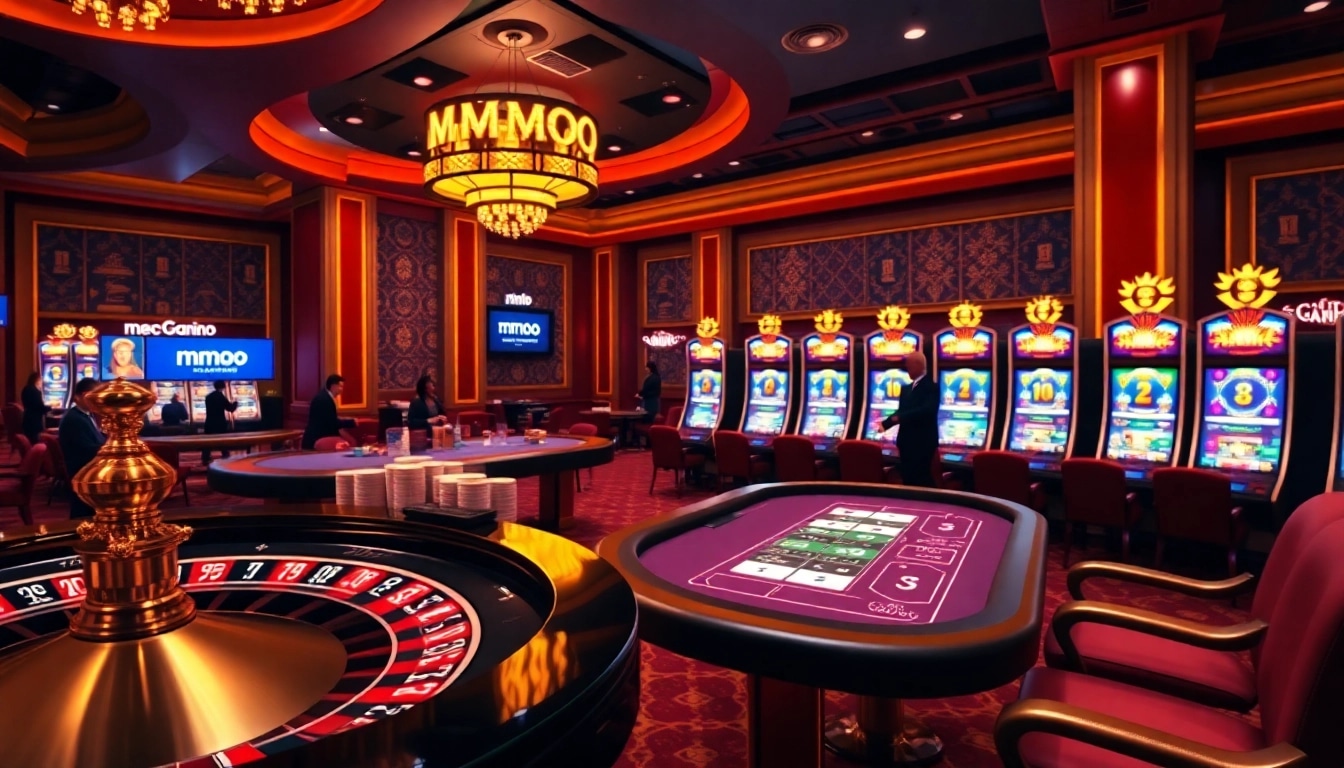 Engaging casino scene with players enjoying mmoo online gaming, featuring poker, roulette, and vibrant slot machines.