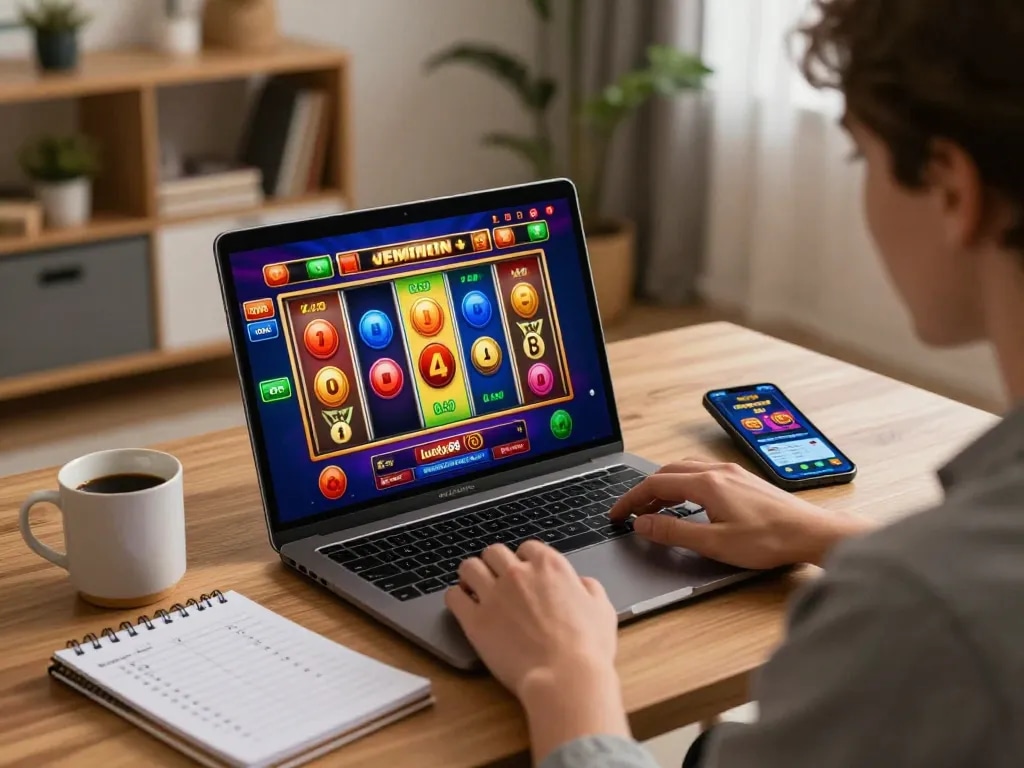 Playing exciting slots on lucky88 at a cozy home gaming setup with a laptop and smartphone.