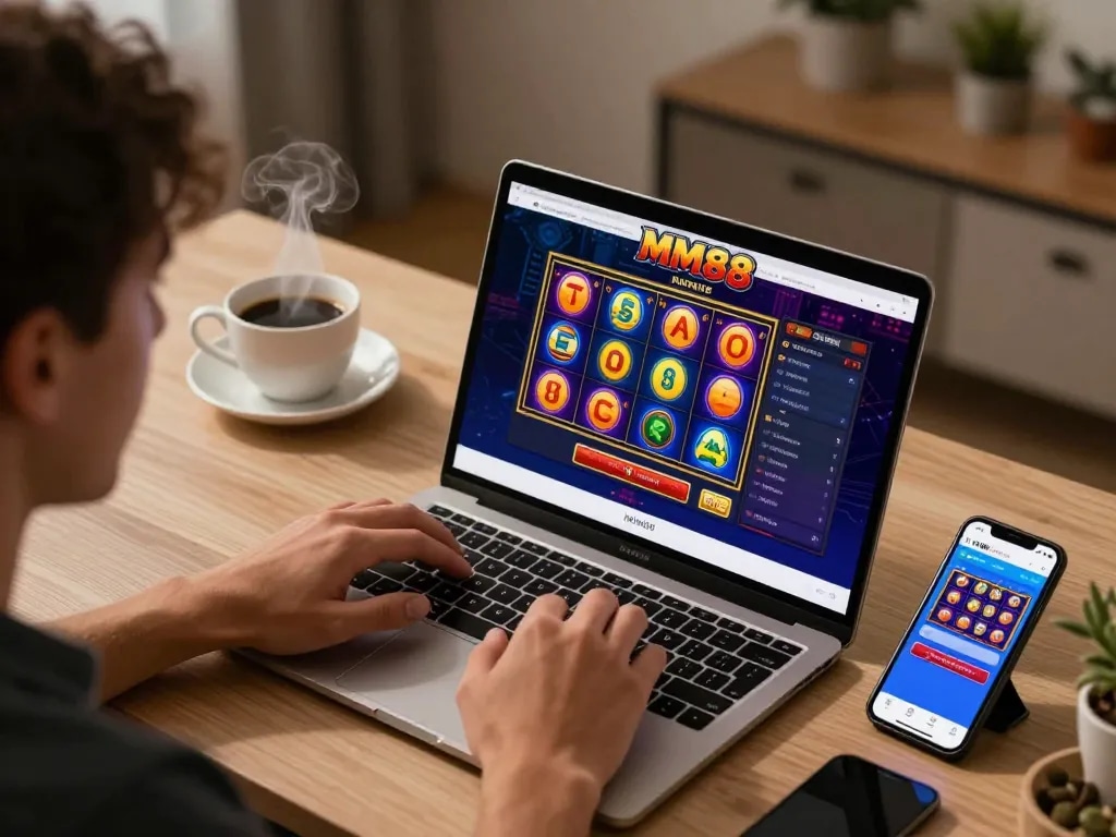 Engaging online gaming session at MM88 with colorful slots displayed on a laptop, showcasing exciting gameplay.