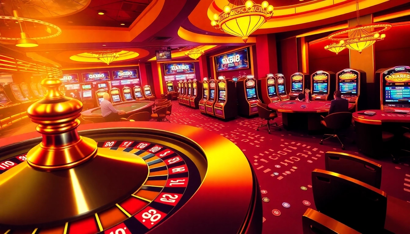 Exciting casino scene showcasing thrilling gambling action at XX88 with roulette and poker.