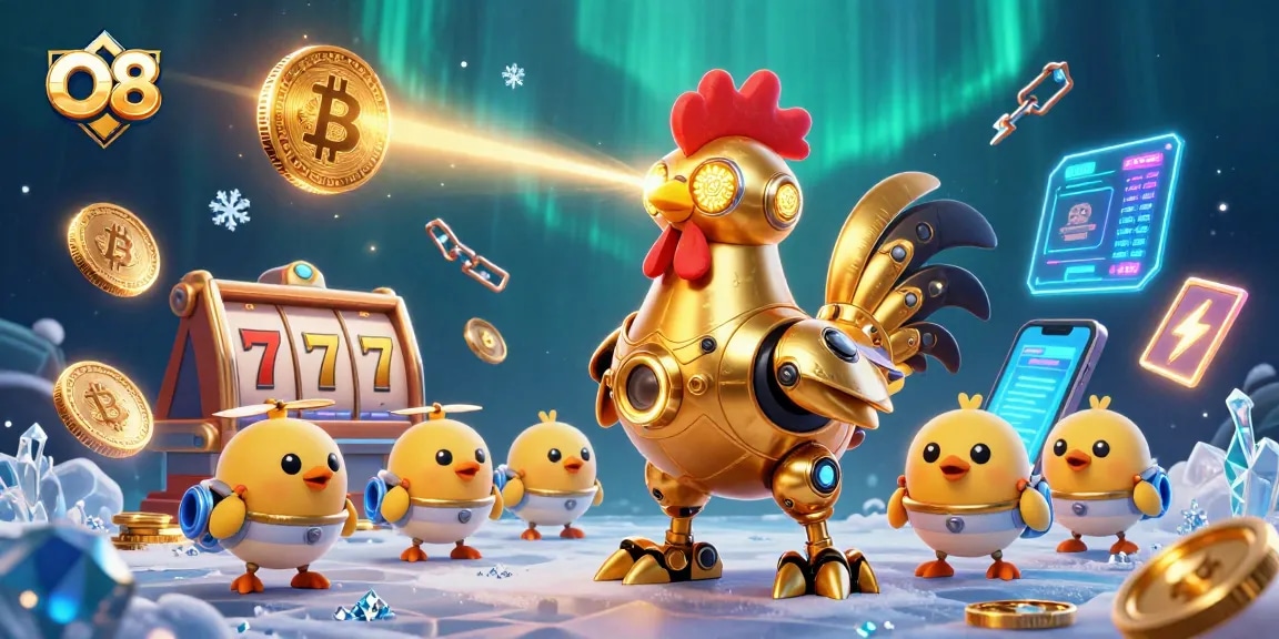 Engage in thrilling slots at O8 with a vibrant animated scene showing a golden rooster robot amidst 3D coins.