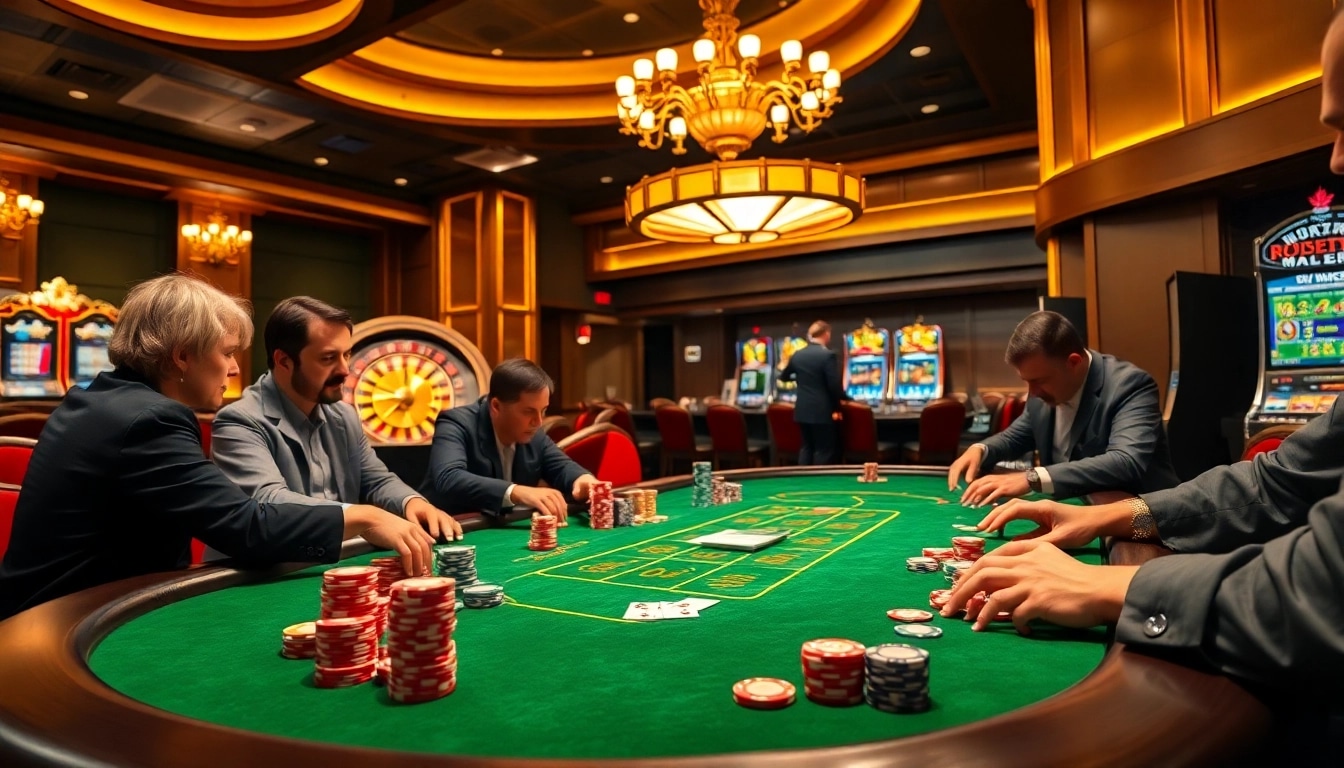 Engaging players strategizing for a Free Transmission Diagnosis while gambling at a luxurious casino table.