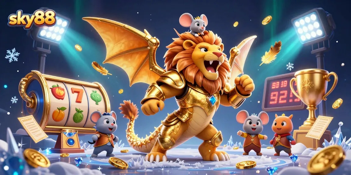 Engage with sky88's thrilling online slots in a vibrant 3D casino illustration featuring dynamic elements.