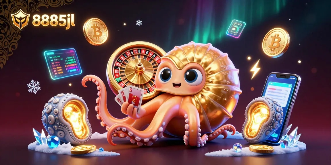 Engage with 8885jl's vibrant casino illustration showcasing a legendary nautilus and crypto elements.