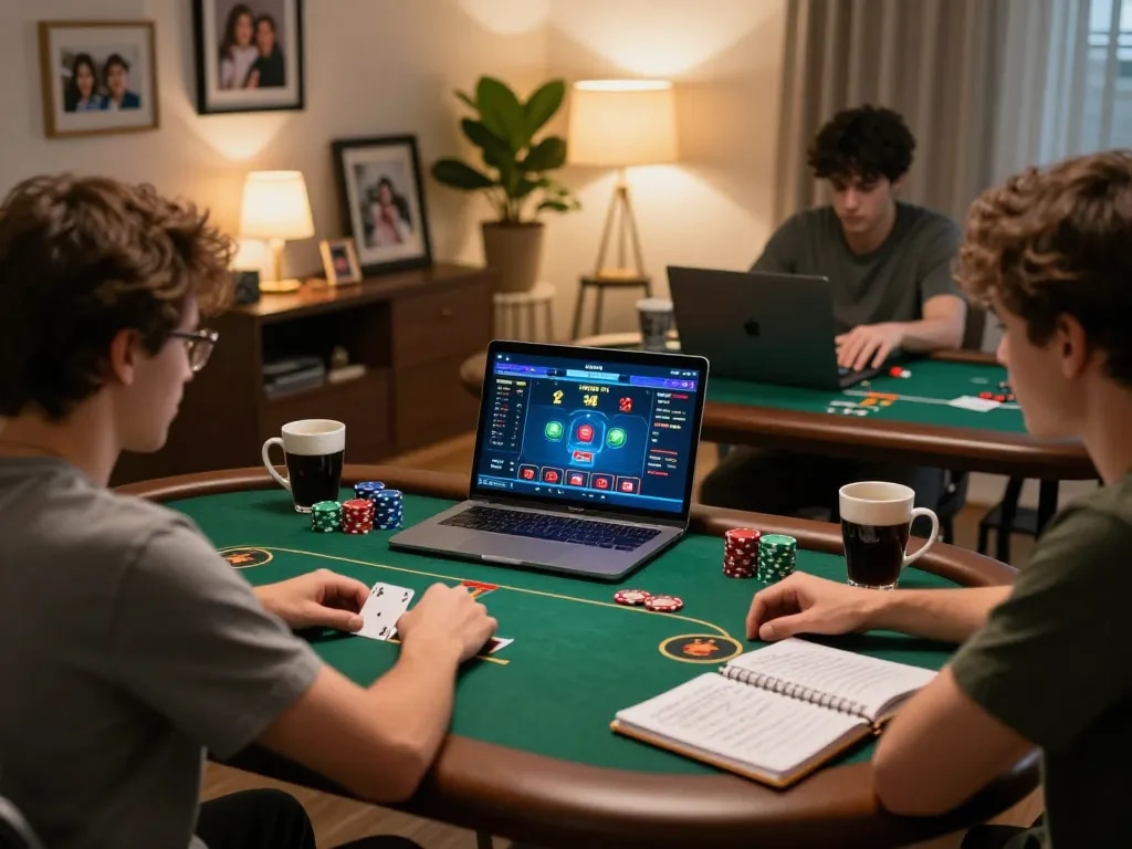 KP88 online player engaging in a poker game with warm home lighting, showcasing strategic gameplay details.