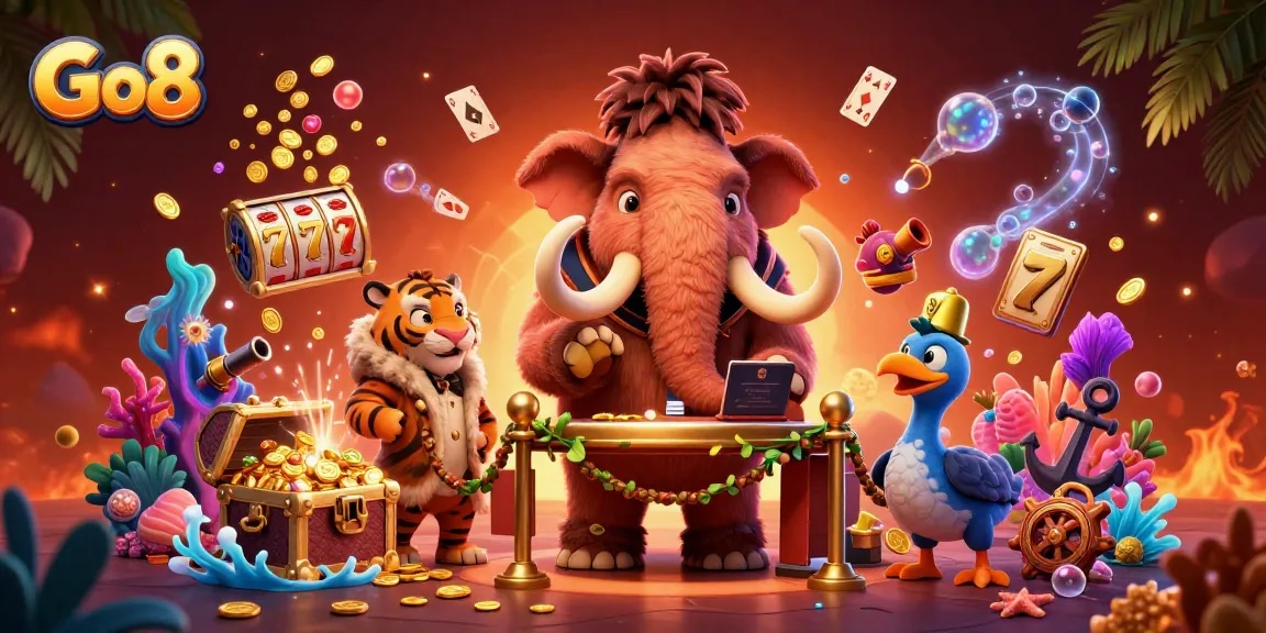 Go8 casino scene showcasing a mammoth bouncer managing IDs while surrounded by vibrant slot reels and gold coins.