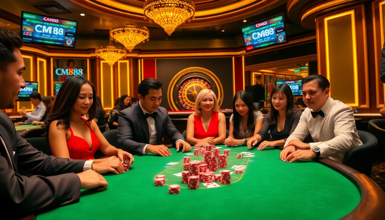 Exciting poker game scene featuring CM88 logo on screens with vibrant casino atmosphere.