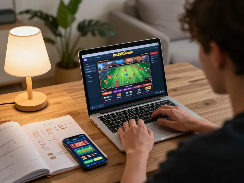 Playing casino games on lucky88 com from the comfort of home in a cozy living room.