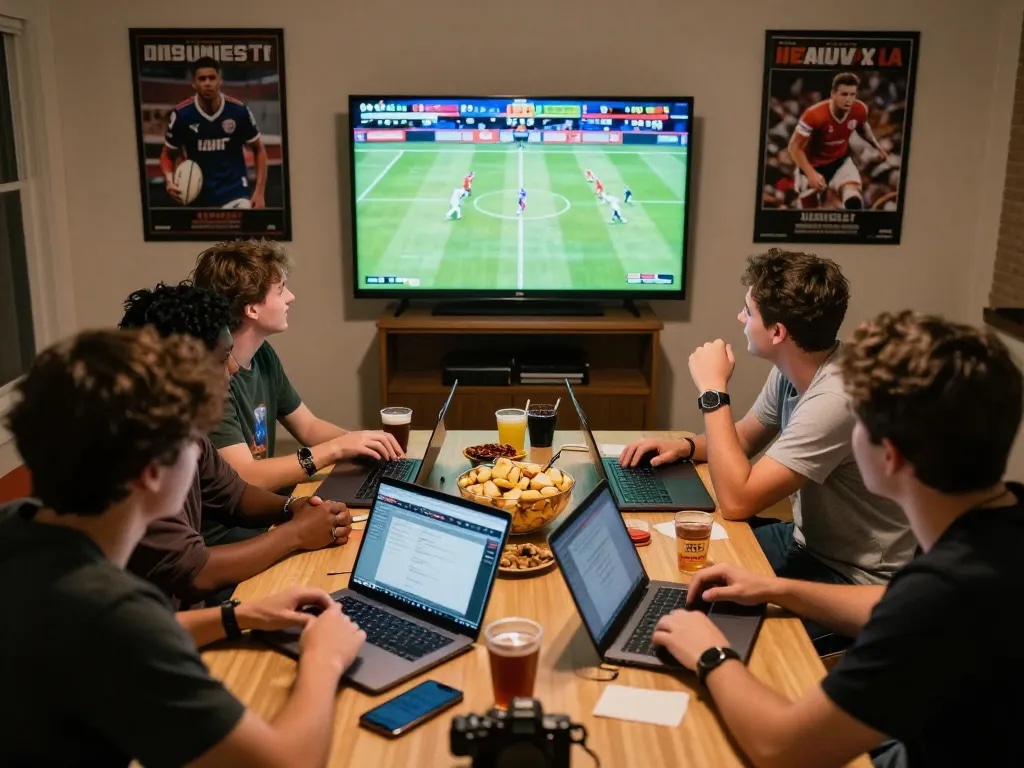 Engaging sports betting scene at TIP88, friends enjoying live sports and discussing bets