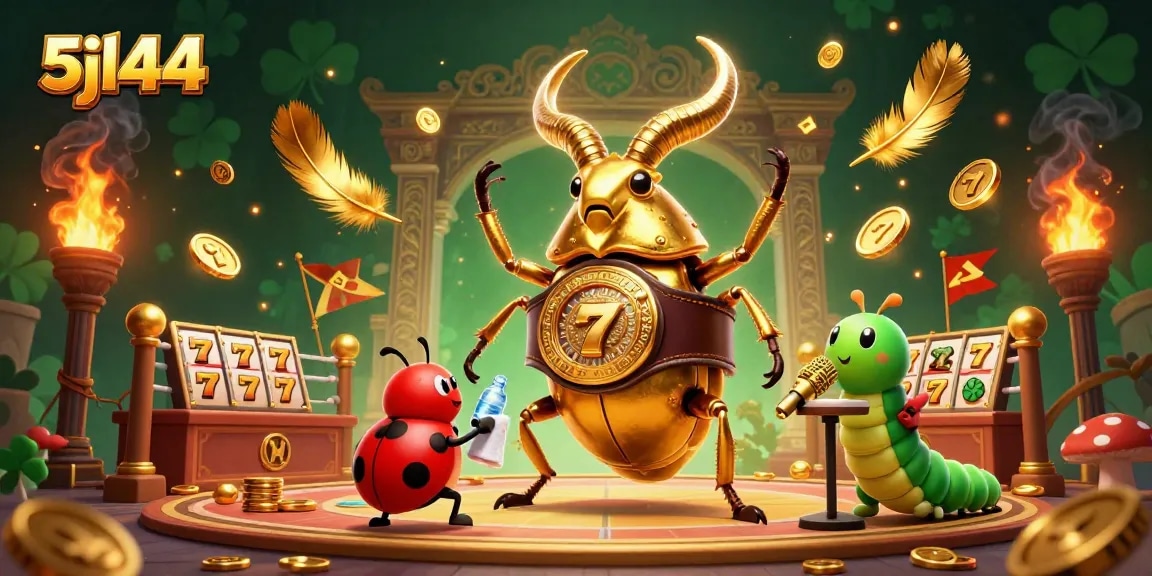 5jl44 showcases a dynamic 3D scene with a golden stag beetle and casino elements, enhancing gaming excitement.