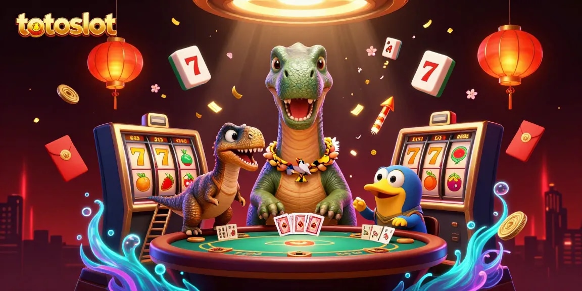 Totoslot showcases vibrant 3D casino illustration with playful characters interacting amid exciting game elements.