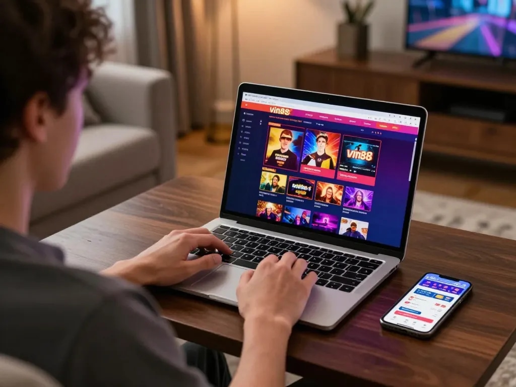 Play vin88 casino games on a laptop while enjoying a cozy home environment.