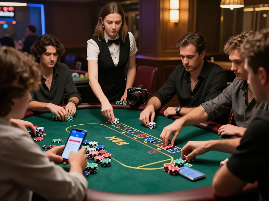 KP88 live casino scene with players enjoying poker, showcasing vibrant gameplay and modern technology.