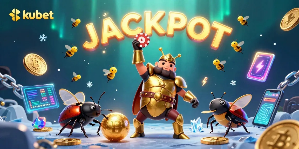 Engage with kubet's thrilling gambling world featuring a victorious beetle and glowing crypto coins.