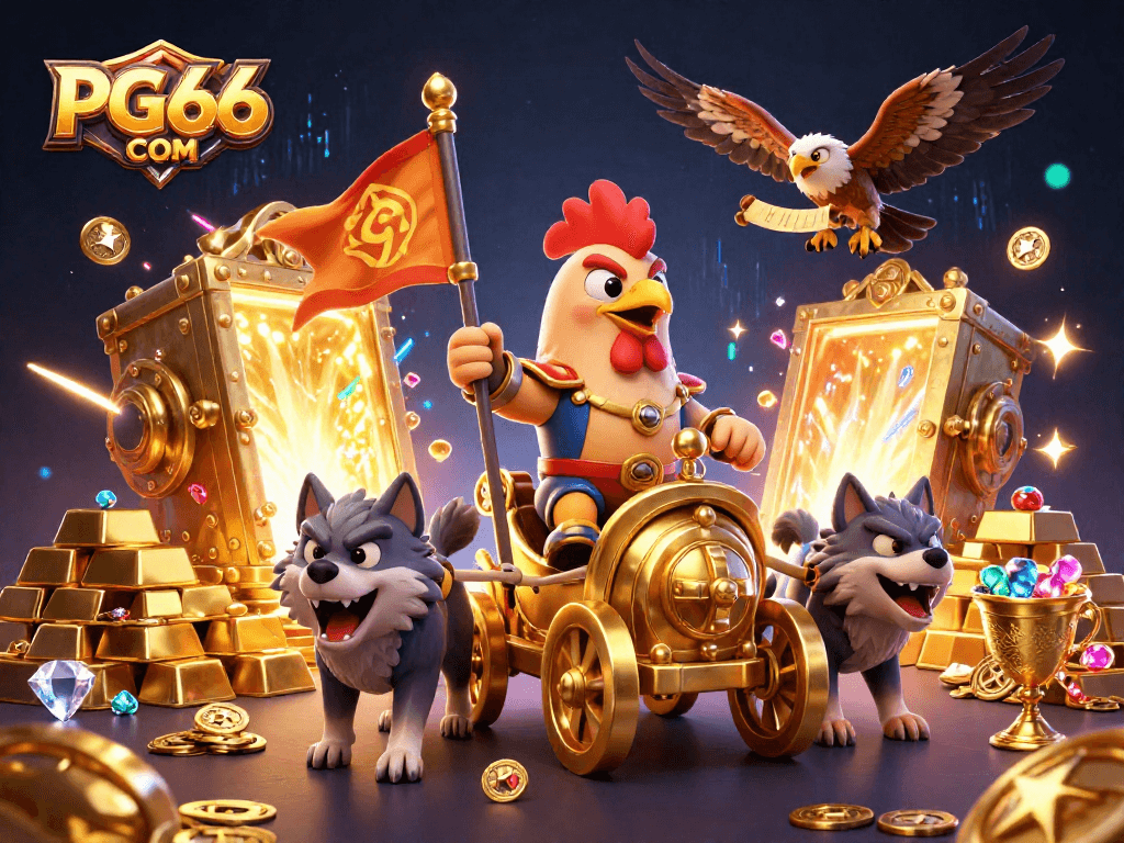 Experience thrilling gameplay at PG66 COM with a 3D cartoon warlord amidst gold treasures.