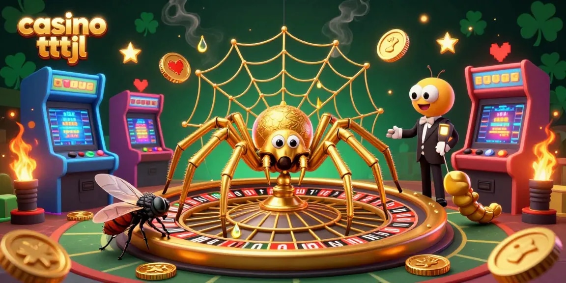Engage in the thrilling world of casino tttjl with a golden spider roulette scene surrounded by vibrant arcade elements.