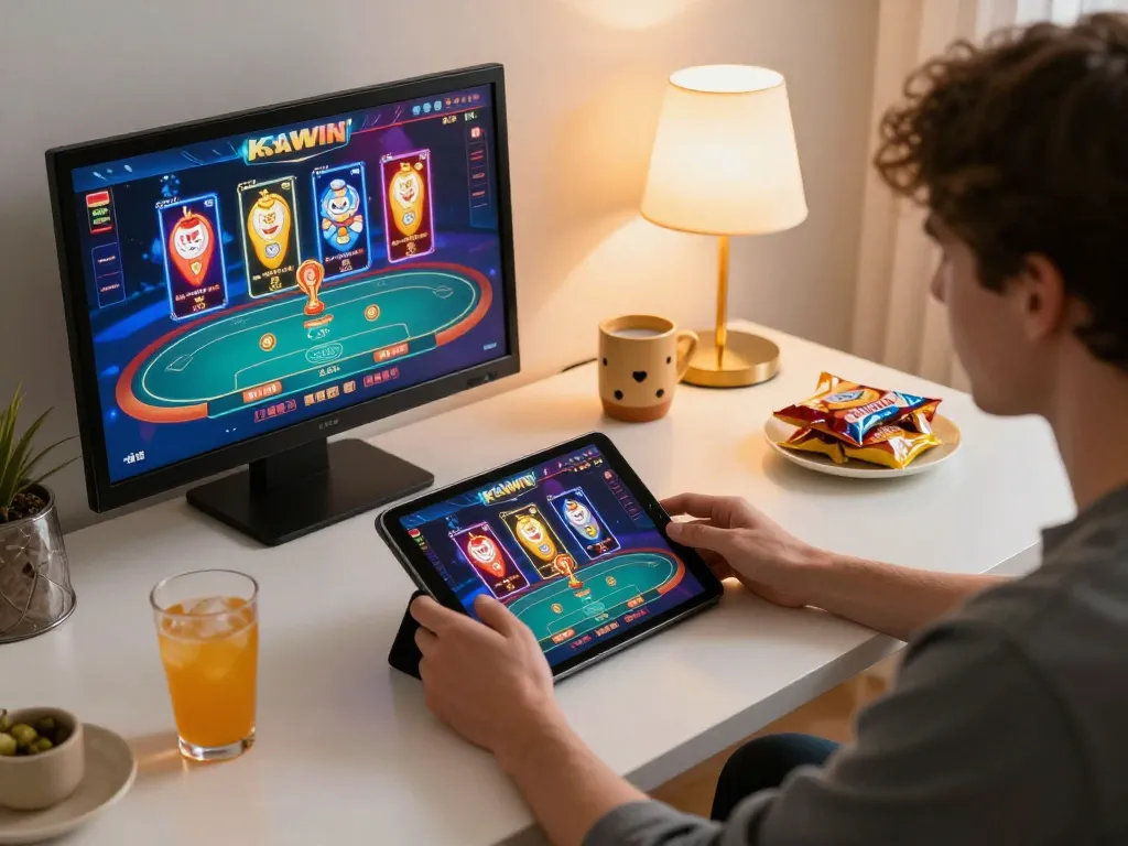Engaged player using KKWIN app on tablet in cozy home gaming setup, enjoying online casino excitement