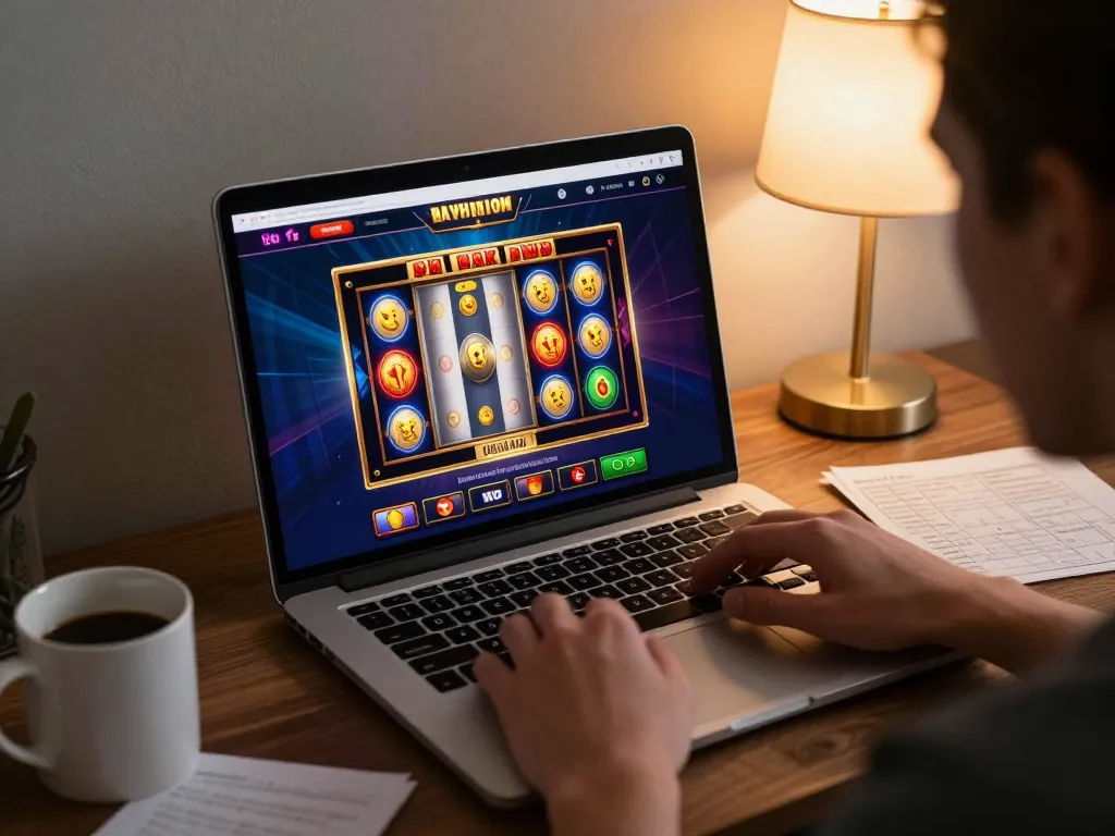 Person focusing on LC 88 slot game interface on laptop in cozy home atmosphere