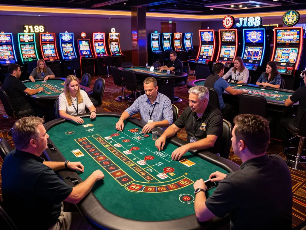 Players enjoying exciting games at J188 casino, experiencing a thrilling gambling atmosphere with vibrant lighting.