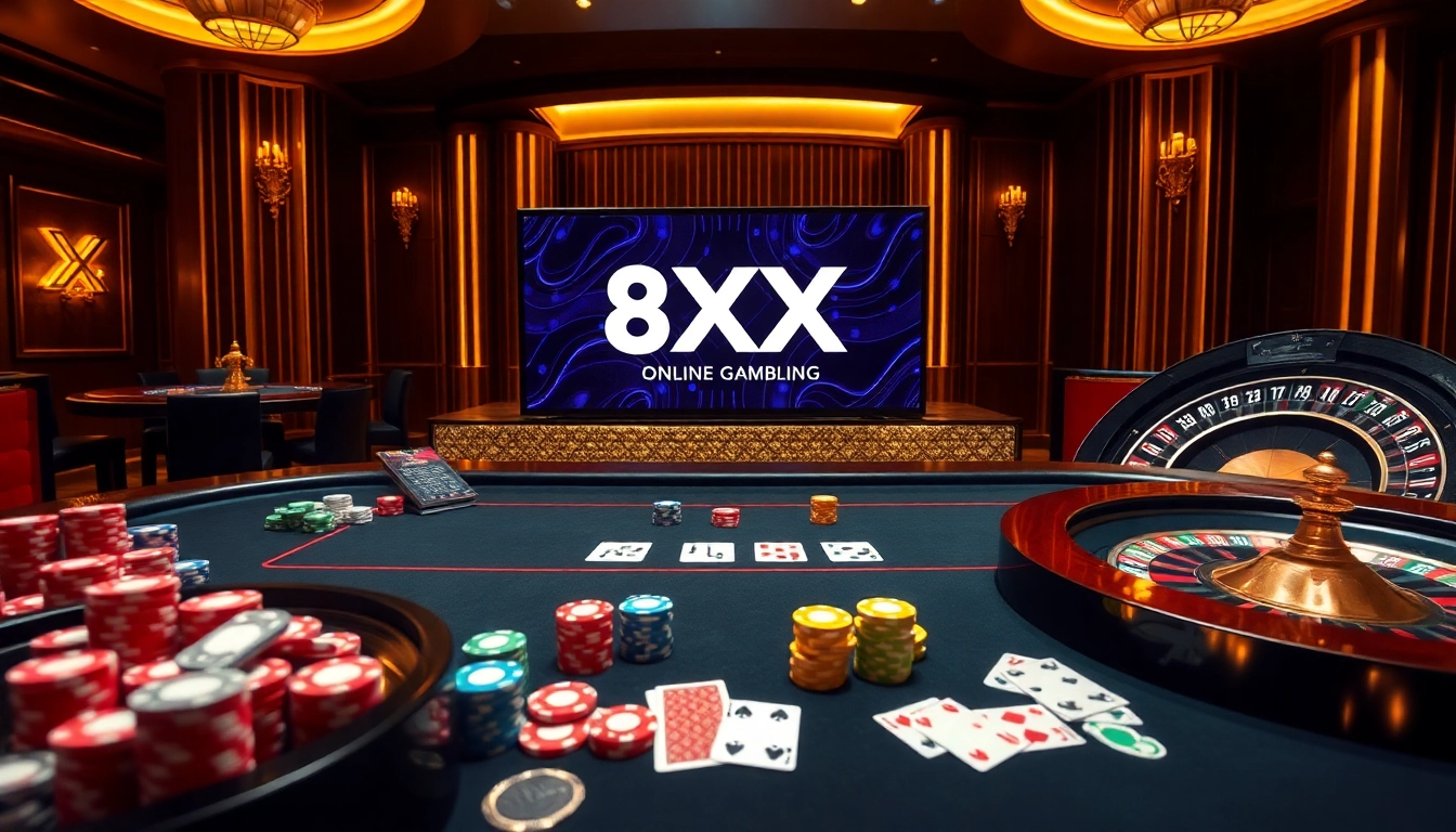 Join the excitement of 8XX with a vibrant poker table displaying colorful chips and cards in a luxurious casino setting.