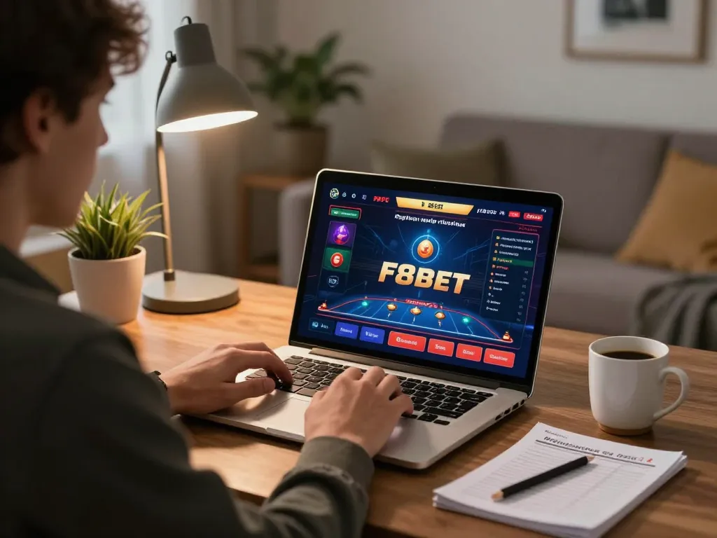 Player exploring F8bet online gaming interface on laptop at home with strategic notes.