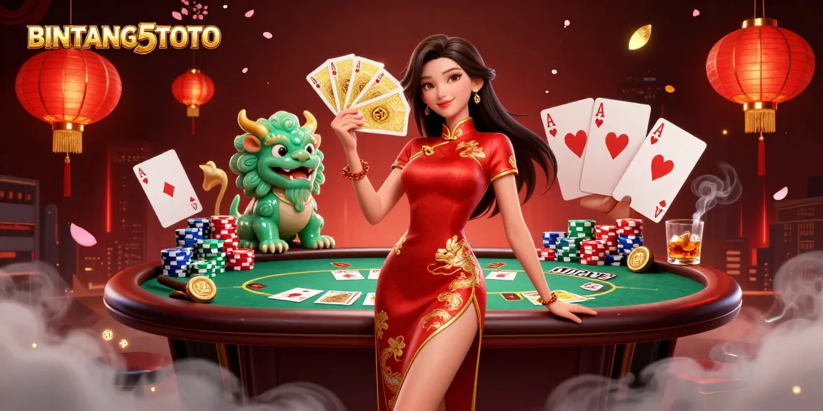 BINTANG5TOTO showcases a vibrant casino scene with a stylish woman and gaming elements, capturing the excitement of winning