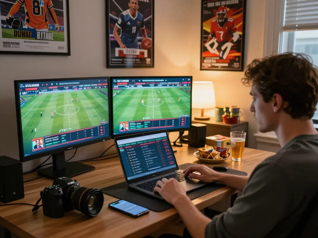 Engaging in live sports betting and monitoring SC88 odds from home office setup.