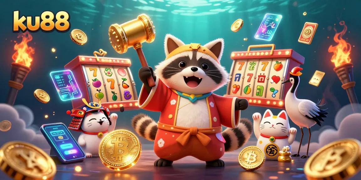 Experience excitement at ku88 with a colorful tanuki and casino symbols in a festive scene.