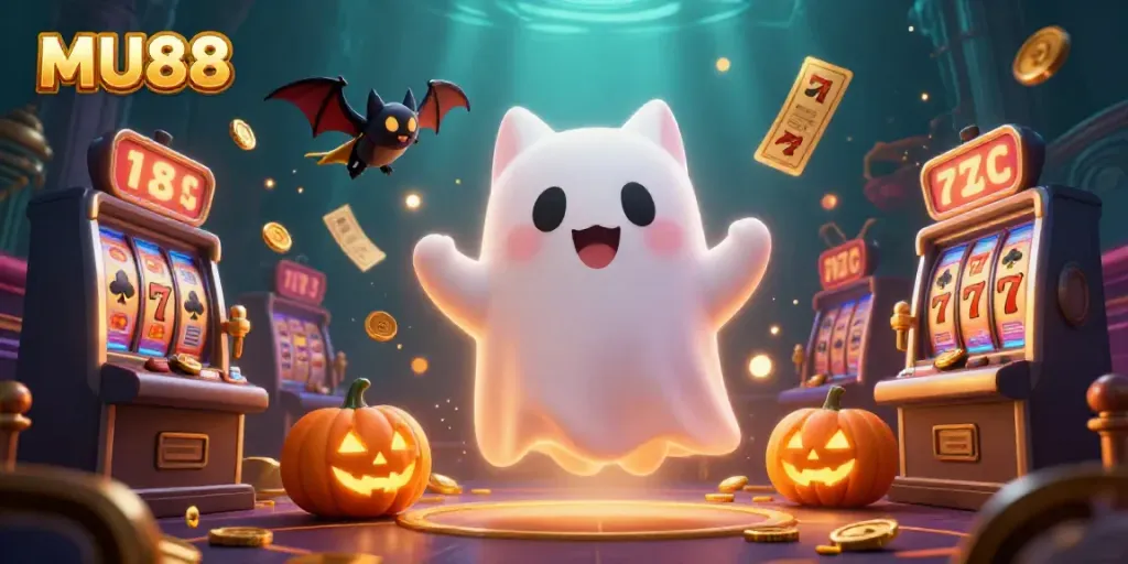 Experience the thrilling gameplay of MU88 in a vibrant casino scene with ghostly characters and exciting elements.