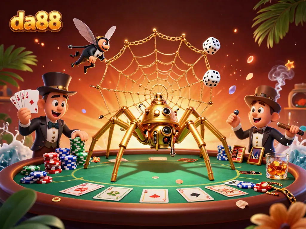 Experience the thrill of da88 with a steampunk spider creating a web of poker chips and dice.