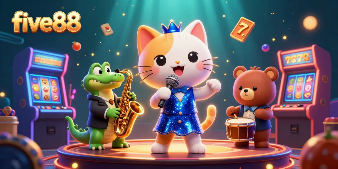 Experience a vibrant five88 casino scene with a singing cat, croc sax player, and bear drummer.