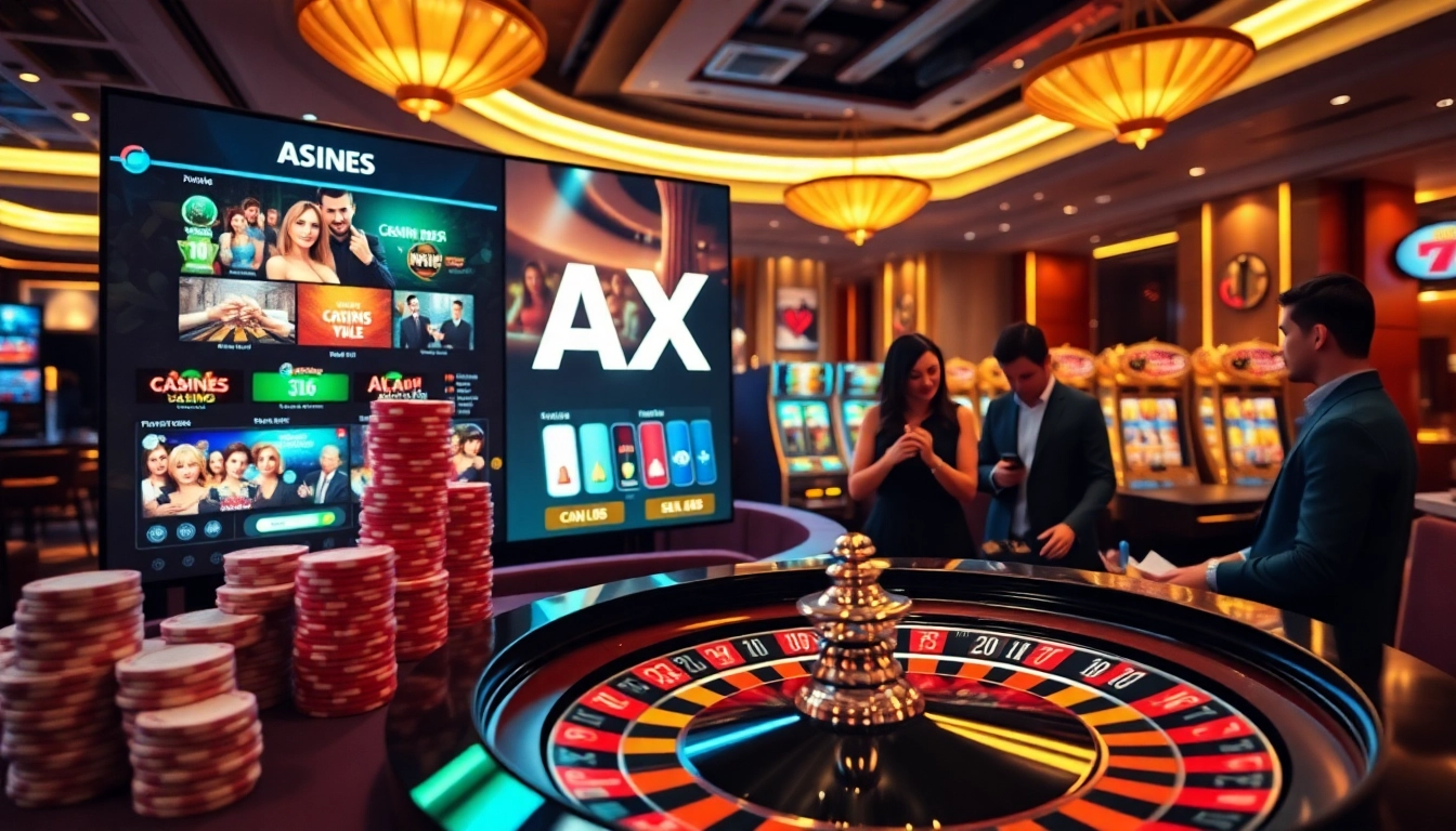 AX88 gaming interface with roulette, poker chips, and vibrant slot machines in an exciting casino atmosphere.