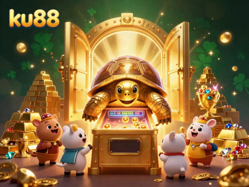 Engage with ku88's vibrant 3D casino experience featuring a colossal golden tortoise and sparkling treasures.
