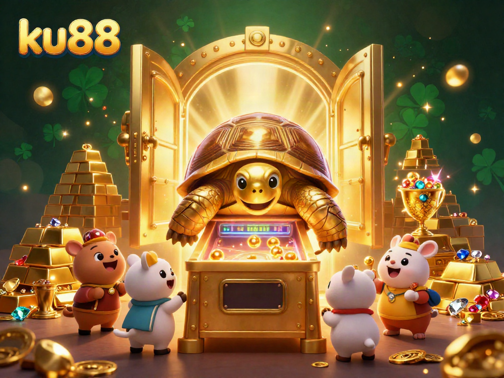Engage with ku88's vibrant 3D casino experience featuring a colossal golden tortoise and sparkling treasures.