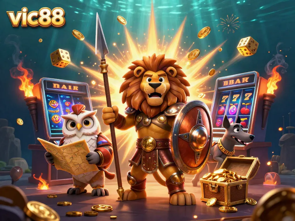 Experience the thrill of vic88 with a vibrant illustration featuring a Spartan lion, owl strategist, and greyhound amidst dynamic casino elements.