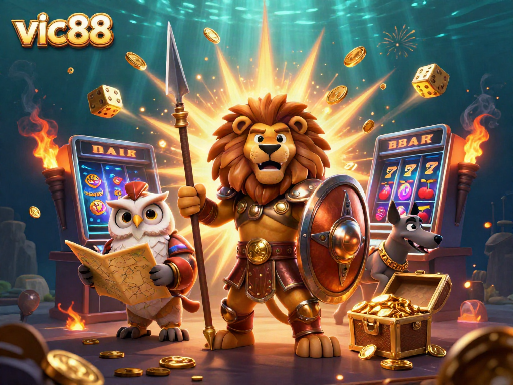 Experience the thrill of vic88 with a vibrant illustration featuring a Spartan lion, owl strategist, and greyhound amidst dynamic casino elements.